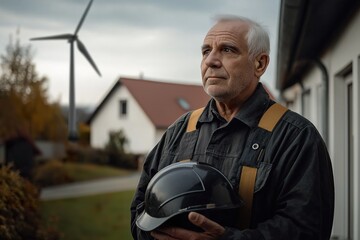 An elderly coal worker reflects on his retirement while holding a helmet near wind turbines and homes, symbolizing a transition to renewable energy