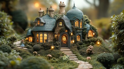 A charming miniature house evoking a fairy tale atmosphere sits nestled in a forest setting.