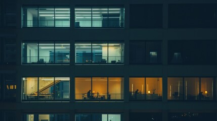 Obraz premium A high-rise building's windows reveal distinct rooms bathed in varied lighting tones, narrating stories of urban life through a grid of illuminated spaces.