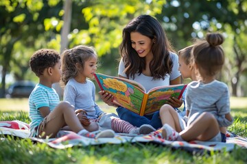 Fototapeta premium A cheerful group of children enthusiastically gathers around an adult, who is delighting them with engaging stories during a sunny day in the park