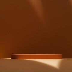 Brown podium for cosmetic products, perfumes or food against beige background. Front view.