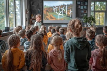 Fototapeta premium Students engaged in a renewable energy lesson in a classroom with a teacher presenting on wind turbines and sustainable resources