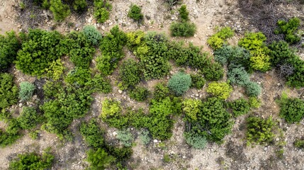 Aerial view of green shrubs scattered across dry terrain.