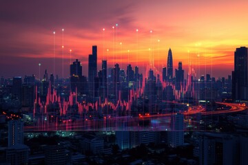 Fototapeta premium Digital stock market charts and graphs with a cityscape background