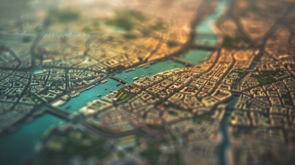 Fototapeta premium An overhead view of a city map highlights an intricate river system flowing through the urban grid with sharp focus on the bridges and waterfront.