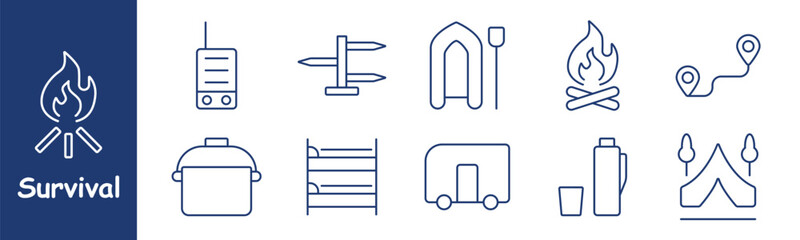 Survival set icon. Radio, direction sign, raft, campfire, route, pot, bunk bed, caravan, thermos, tent, camping, outdoor gear, navigation, adventure.