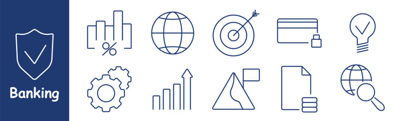 Banking set icon. Security, financial chart, global economy, target, card, idea, success, percentage, data protection, innovation, upward trend, strategy, growth