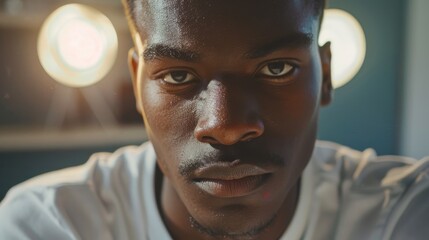 A close-up portrait of a man in soft lighting, capturing a contemplative and introspective expression.