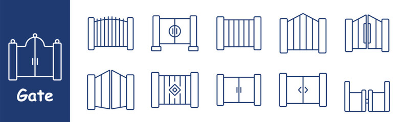 Gate set icon. Fence gates, double doors, circular handle, decorative gate, wooden barrier, sliding gate, home entrance, security gate, boundary divider, property protection