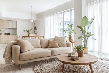 Naklejka premium A Scandinavian mid-century modern interior photo of a modern living room in a windowed, white-finished living room. Generative AI 