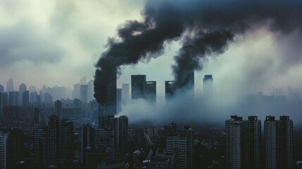 Obraz premium Intense smoke billows from skyscraper fires enveloping a modern cityscape in dark, ominous clouds, depicting a scene of urban chaos and distress.