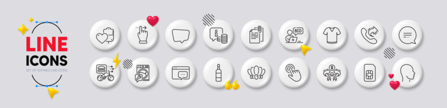 Online auction, Washing machine and Share call line icons. White buttons 3d icons. Pack of Cursor, Sharing economy, Blood icon. Seo message, Crown, Info pictogram. Vector