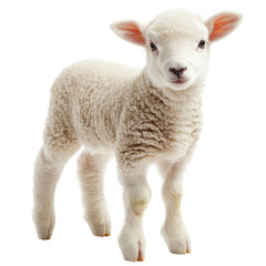 Fototapeta premium Playful baby lamb, standing on soft white background, fluffy wool texture, curious expression, bright eyes, small ears, capturing innocence and charm of farm life