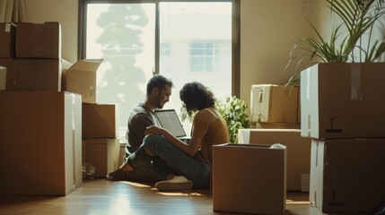 Couple sits on the floor amidst moving boxes, sharing a quiet moment while looking at a laptop, planning their new life together.