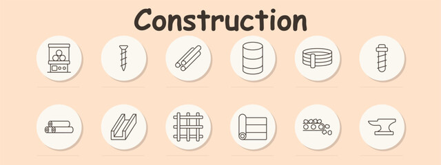 Construction set icon. Storage unit, screw, metal pipes, barrel, strap, drill bit, steel beam, grid, fabric roll, conveyor belt, anvil, materials.