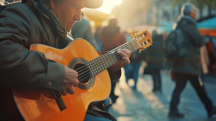 Obraz premium An elderly man plays an acoustic guitar passionately on a bustling street, bathed in the warm glow of the setting sun.