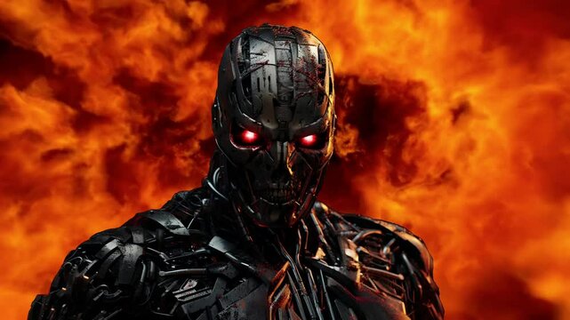 Isolated Closeup of a Futuristic Android With Glowing Eyes and an Explosion Background