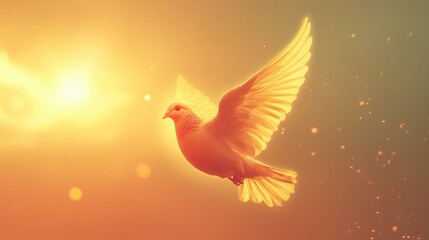 Obraz premium A white dove soars through the air, bathed in warm sunlight.