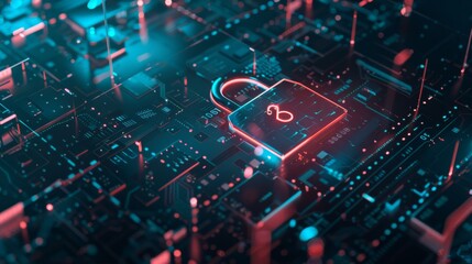 A digital representation of a secure system is visualized with a lock icon embedded on a circuit board, symbolizing cybersecurity and data protection.
