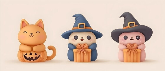 Fototapeta premium set of 3 Halloween cute characters in 3d clay design, including a gift box in a kawaii Happy Halloween concept, adorable and festive, isolated on a clean background