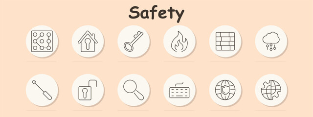 Safety set icon. Lock pattern, house with lock, key, fire, firewall, open lock, magnifier, keyboard, globe shield, cloud network