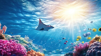 Fototapeta premium Majestic Manta Ray Gliding Through Vibrant Coral Reef