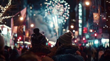 Fototapeta premium Two warmly dressed individuals watch a vibrant fireworks show in a bustling city street amid a lively celebration.