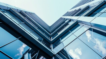 A striking low-angle shot of a modern skyscraper with glass panels reflecting the sky, creating a sense of vertical infinity and architectural marvel.
