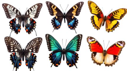 Six Colorful Butterflies on White Background, transparent background, PNG file