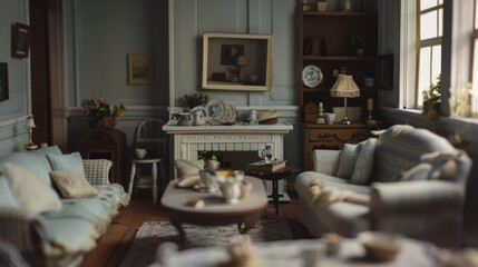 Fototapeta premium A meticulously arranged vintage living room in miniature, bathed in natural light, featuring elegant furniture and soft pastels, exuding warmth and nostalgia.