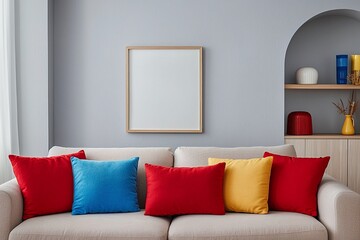 A photo of a mid-century modern interior with a pretty cushion accent on the modern Scandinavian interior in the living room. Generative AI
