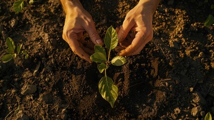 Fototapeta premium Top view of two hands planting seedlings in the ground.Concept of planting trees.