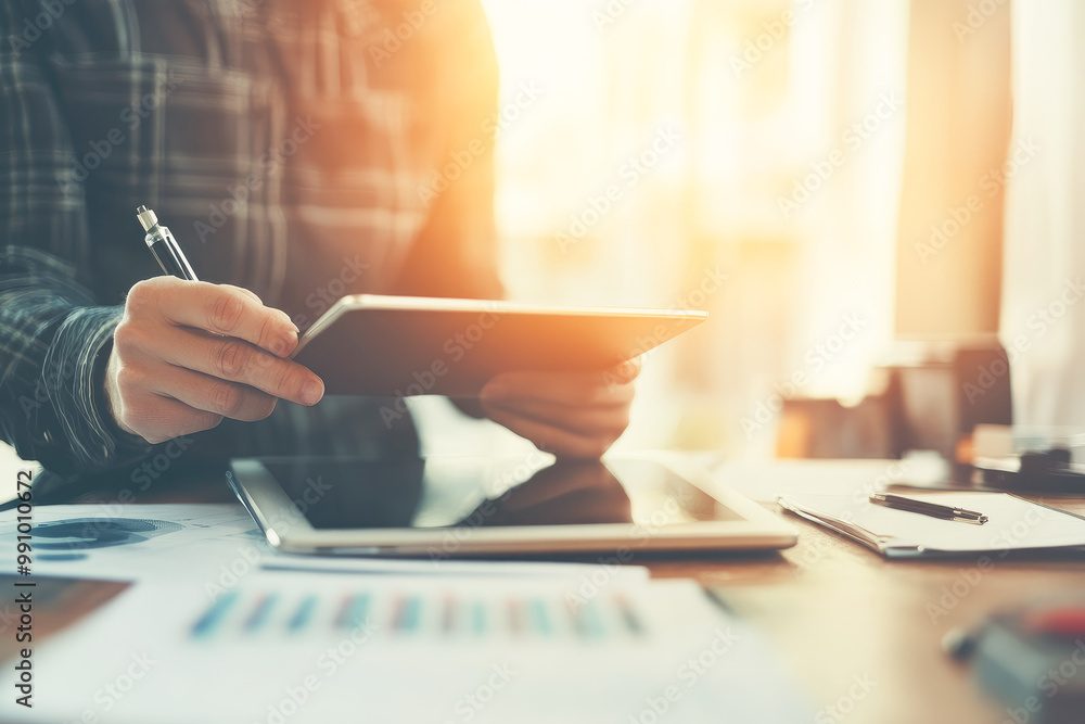 Poster close-up image of a person using a tablet device with charts and documents scattered on the desk und