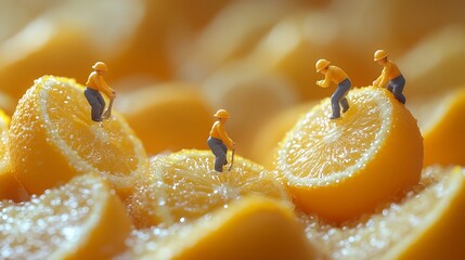 A creative macro photography concept featuring tiny figurine workers with helmets and tools mining fresh, juicy segments of an orange slice.