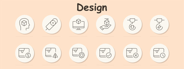 Design set icon. 3D printing, cube, computer, hand holding a cube, printer, warning, settings, checkmark, cross, clock, object creation, technology, printing error, control, maintenance