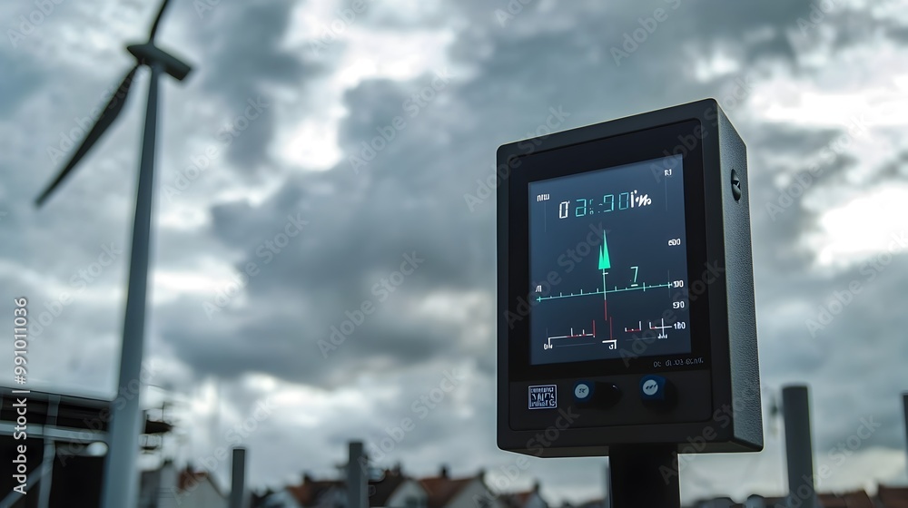 Poster sleek wind energy meter with real-time wind speed data display and cloudy sky overhead