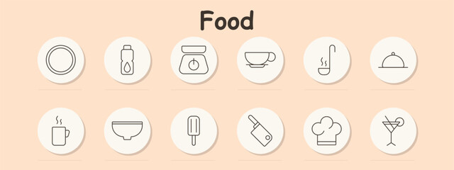 Food set icon. Water bottle, kitchen scale, teacup, soup ladle, bowl, popsicle, cleaver, chef hat, serving tray, cocktail, cooking tools, drinks, kitchenware, food preparation, desserts, beverage