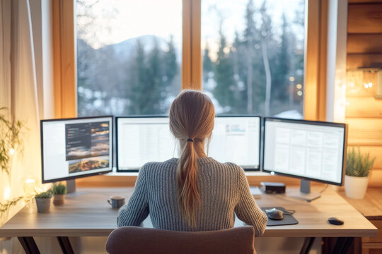 A woman working from her home office, using a triple monitor setup with cozy decor and a window view of trees and mountains.