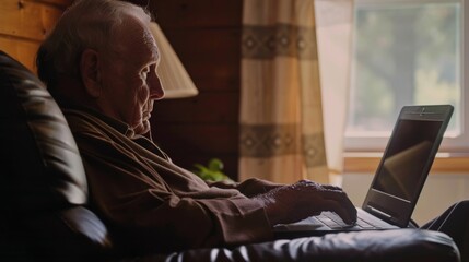 An elderly man, sitting comfortably, types on a laptop in a warmly lit room, creating a peaceful yet focused ambiance.