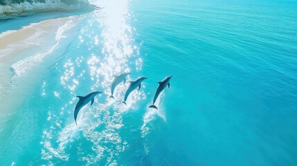 Obraz premium Dolphins Jumping Over Sparkling Ocean Waves
