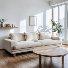 Scandinavian Mid-Century Modern interior photo with white walled living room with art frame hanging and wood shelf and sofa and table. Generative AI
