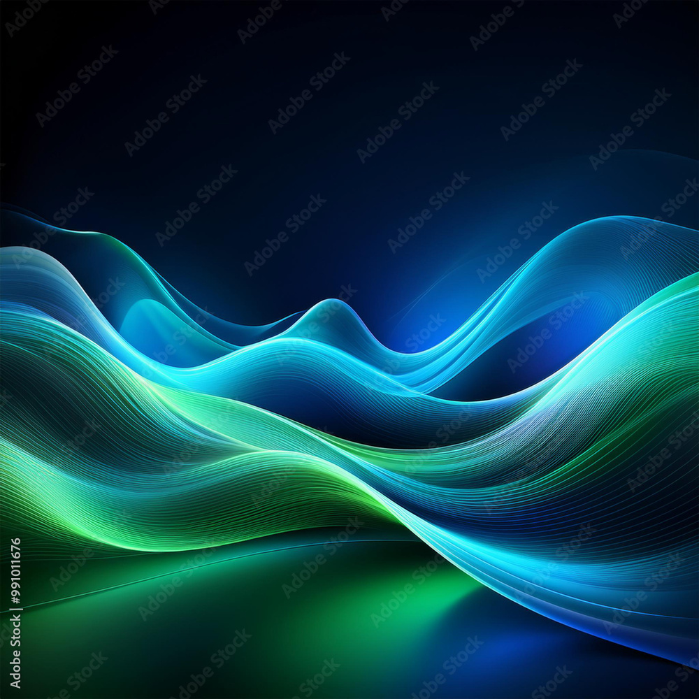 Wall mural bright blue and green neon waves futuristic wallpaper