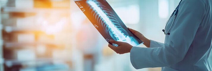 A doctor holds an X-ray of the spine up to the light, assessing it carefully in a bright clinical environment, highlighting attention to detail and patient care