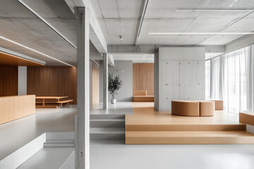 Fototapeta premium Spacious modern lobby area with minimalist design, featuring wide-open spaces, wooden accents, and plenty of natural light.