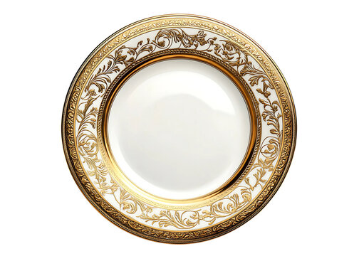 White plate with golden design Isolated on white or transparent background