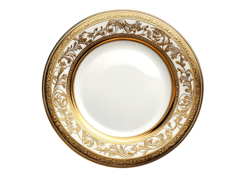 White plate with golden design Isolated on white or transparent background