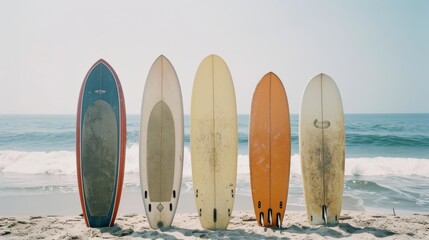 Five surfboards are lined up side by side on the beach, waiting for surfers to take on the ocean waves under a sunny sky.