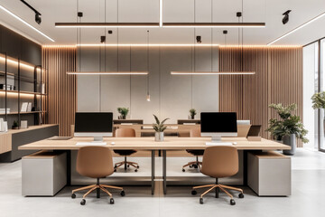 Open and contemporary shared workspace with organized desks, computers, ergonomic chairs, and warm lighting for a collaborative feel.