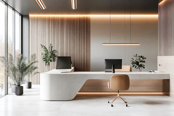 Stylish and sleek reception area with a modern design, featuring a long reception desk, natural lighting, and green plants for decor.