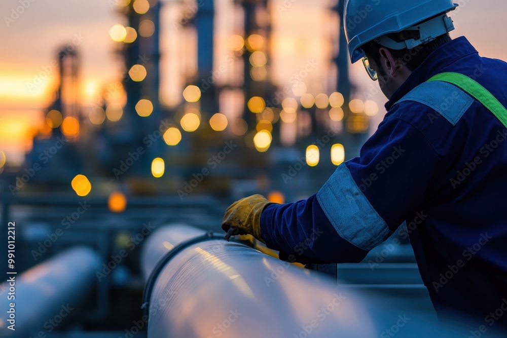 Poster a worker inspecting a pipeline at dusk, with industrial structures blurred in the background.